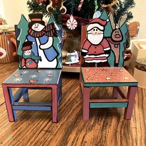 Set of two miniature wood Christmas chairs decoration - snowman and Santa .